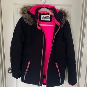 Spyder Black Puffer Jacket with Pink Lining and Faux Fur Hood